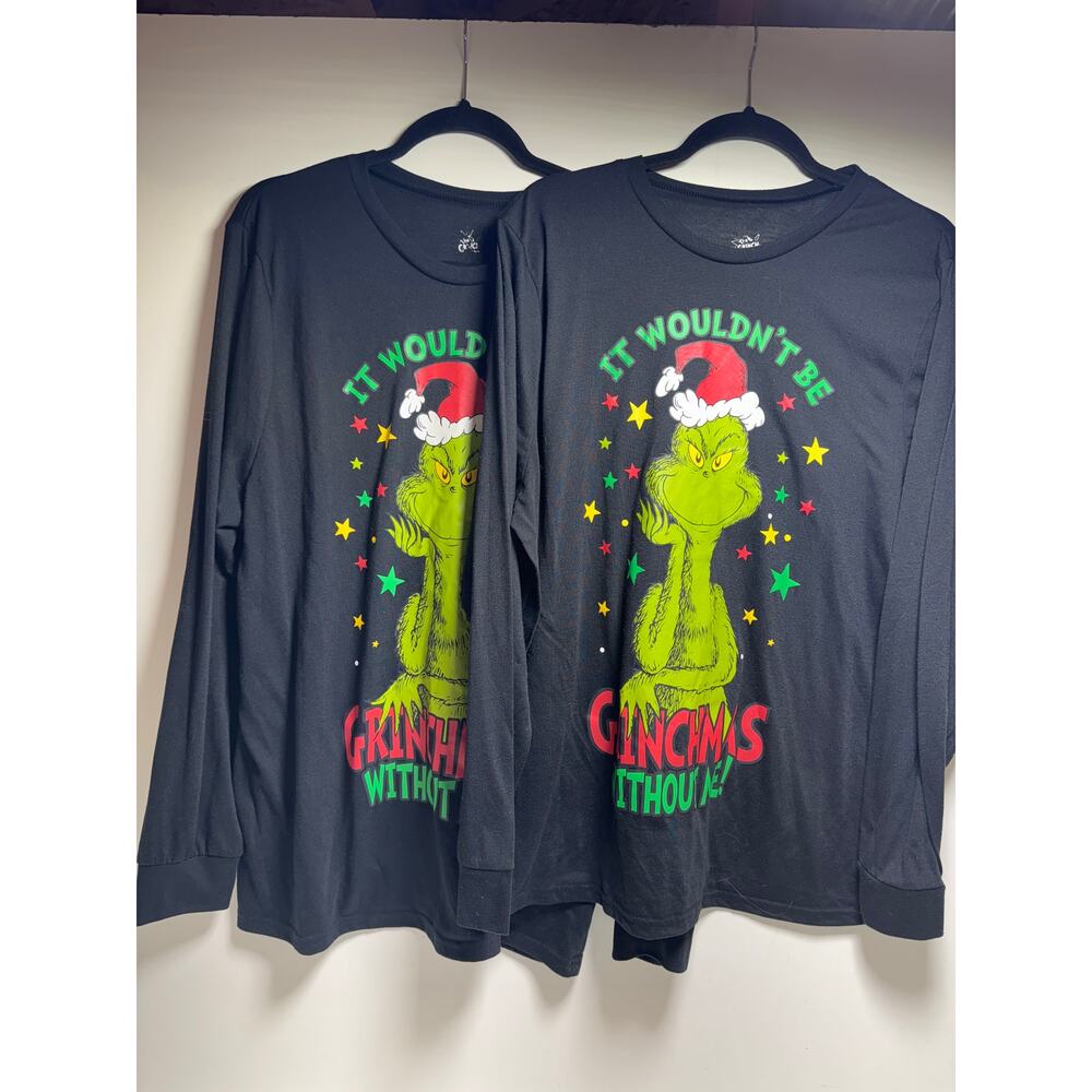 The Grinch Dr Seuss Long Sleeve Graphic TShirt Sz L Lot of 2 Black Green Unisex - Picture 1 of 6
